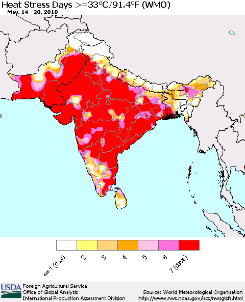 Southern Asia Heat Stress Days >=35°C/95°F (WMO) Thematic Map For 5/14/2018 - 5/20/2018