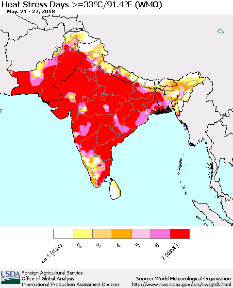 Southern Asia Heat Stress Days >=35°C/95°F (WMO) Thematic Map For 5/21/2018 - 5/27/2018