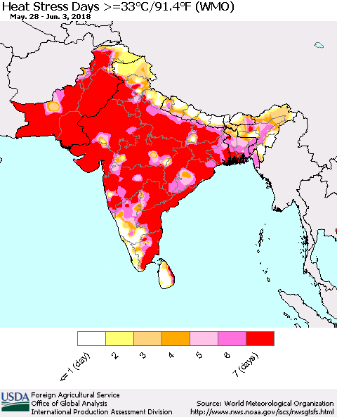 Southern Asia Heat Stress Days >=35°C/95°F (WMO) Thematic Map For 5/28/2018 - 6/3/2018