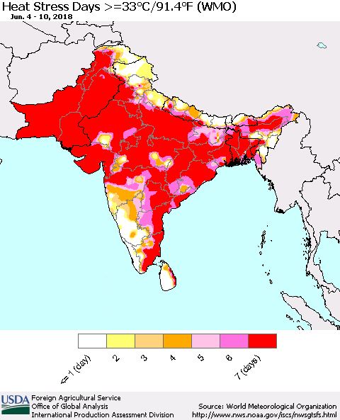 Southern Asia Heat Stress Days >=35°C/95°F (WMO) Thematic Map For 6/4/2018 - 6/10/2018
