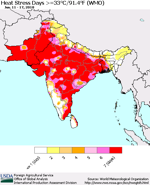 Southern Asia Heat Stress Days >=35°C/95°F (WMO) Thematic Map For 6/11/2018 - 6/17/2018