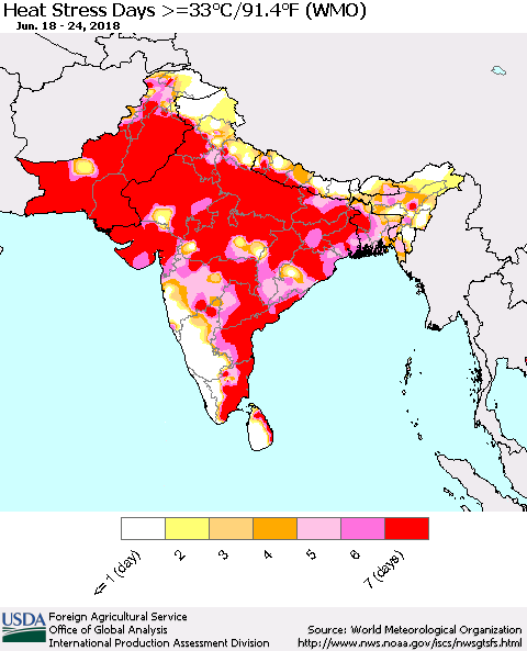 Southern Asia Heat Stress Days >=35°C/95°F (WMO) Thematic Map For 6/18/2018 - 6/24/2018