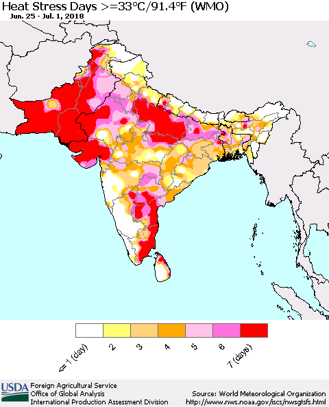 Southern Asia Heat Stress Days >=35°C/95°F (WMO) Thematic Map For 6/25/2018 - 7/1/2018