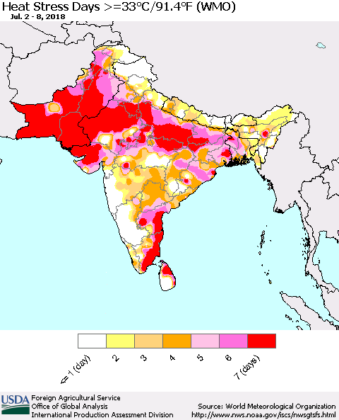 Southern Asia Heat Stress Days >=35°C/95°F (WMO) Thematic Map For 7/2/2018 - 7/8/2018