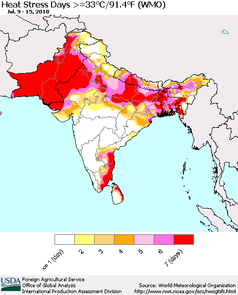 Southern Asia Heat Stress Days >=35°C/95°F (WMO) Thematic Map For 7/9/2018 - 7/15/2018