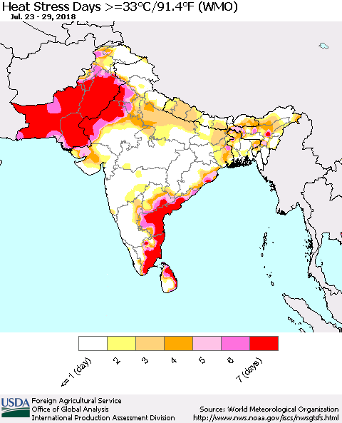 Southern Asia Heat Stress Days >=35°C/95°F (WMO) Thematic Map For 7/23/2018 - 7/29/2018