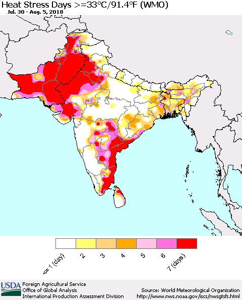Southern Asia Heat Stress Days >=35°C/95°F (WMO) Thematic Map For 7/30/2018 - 8/5/2018