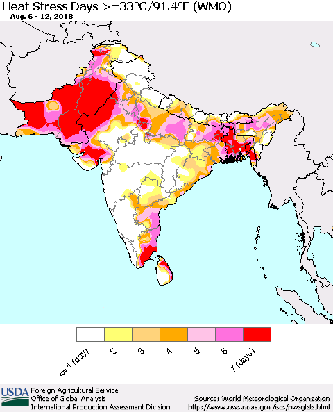 Southern Asia Heat Stress Days >=35°C/95°F (WMO) Thematic Map For 8/6/2018 - 8/12/2018