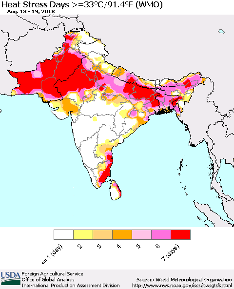 Southern Asia Heat Stress Days >=35°C/95°F (WMO) Thematic Map For 8/13/2018 - 8/19/2018