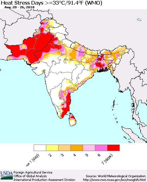 Southern Asia Heat Stress Days >=35°C/95°F (WMO) Thematic Map For 8/20/2018 - 8/26/2018