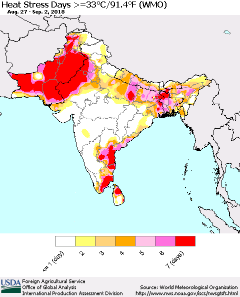 Southern Asia Heat Stress Days >=35°C/95°F (WMO) Thematic Map For 8/27/2018 - 9/2/2018
