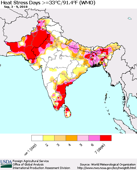 Southern Asia Heat Stress Days >=35°C/95°F (WMO) Thematic Map For 9/3/2018 - 9/9/2018