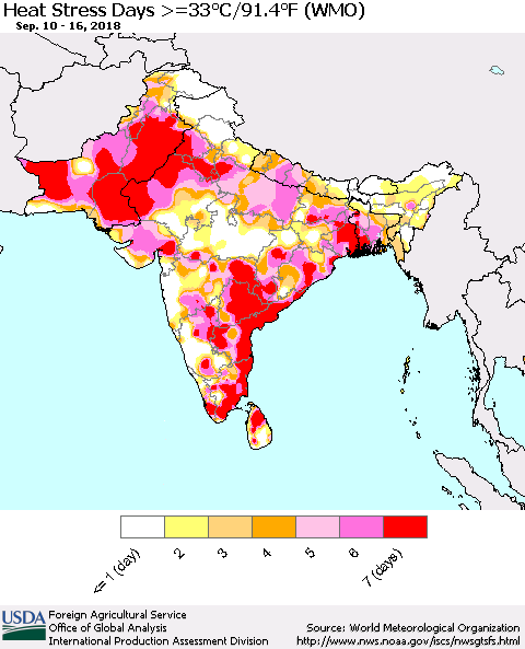 Southern Asia Heat Stress Days >=35°C/95°F (WMO) Thematic Map For 9/10/2018 - 9/16/2018