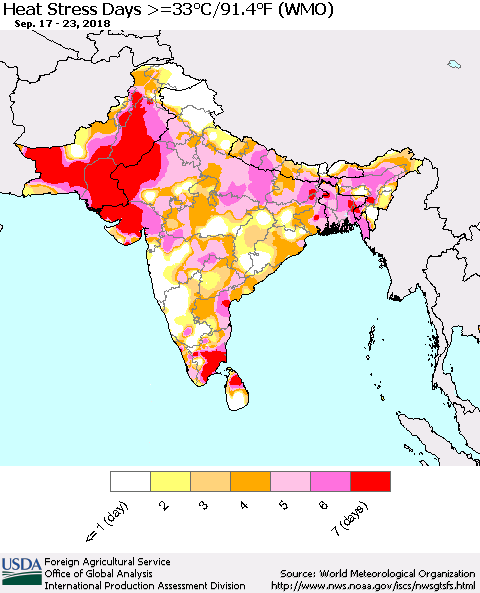 Southern Asia Heat Stress Days >=35°C/95°F (WMO) Thematic Map For 9/17/2018 - 9/23/2018