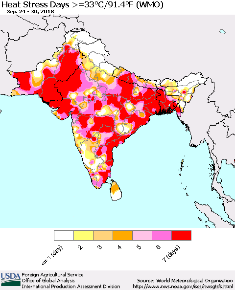 Southern Asia Heat Stress Days >=35°C/95°F (WMO) Thematic Map For 9/24/2018 - 9/30/2018