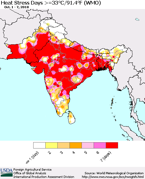 Southern Asia Heat Stress Days >=35°C/95°F (WMO) Thematic Map For 10/1/2018 - 10/7/2018