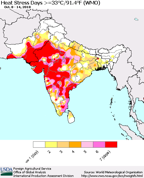 Southern Asia Heat Stress Days >=35°C/95°F (WMO) Thematic Map For 10/8/2018 - 10/14/2018