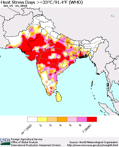 Southern Asia Heat Stress Days >=35°C/95°F (WMO) Thematic Map For 10/15/2018 - 10/21/2018