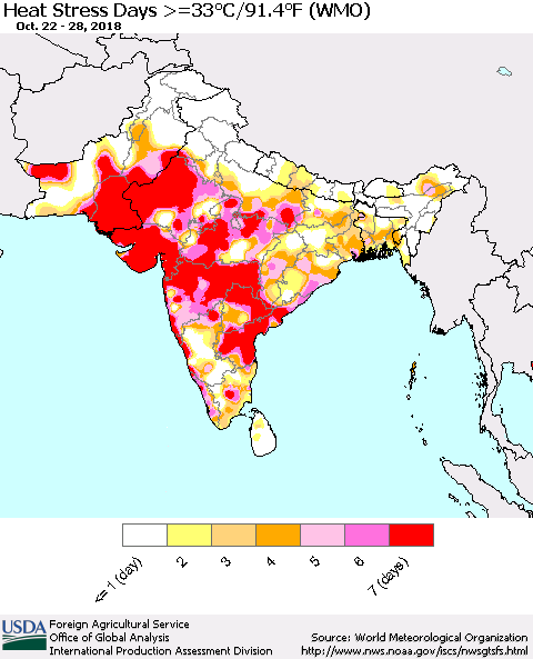Southern Asia Heat Stress Days >=35°C/95°F (WMO) Thematic Map For 10/22/2018 - 10/28/2018