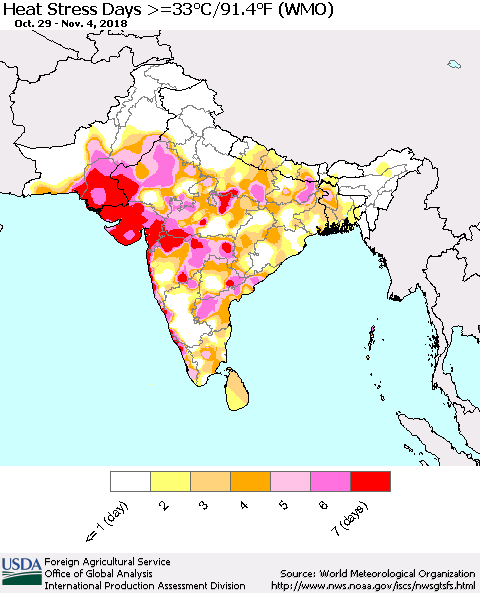 Southern Asia Heat Stress Days >=35°C/95°F (WMO) Thematic Map For 10/29/2018 - 11/4/2018