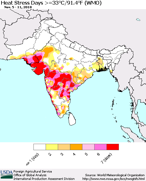 Southern Asia Heat Stress Days >=35°C/95°F (WMO) Thematic Map For 11/5/2018 - 11/11/2018