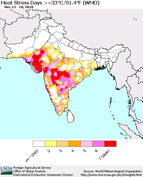 Southern Asia Heat Stress Days >=35°C/95°F (WMO) Thematic Map For 11/12/2018 - 11/18/2018
