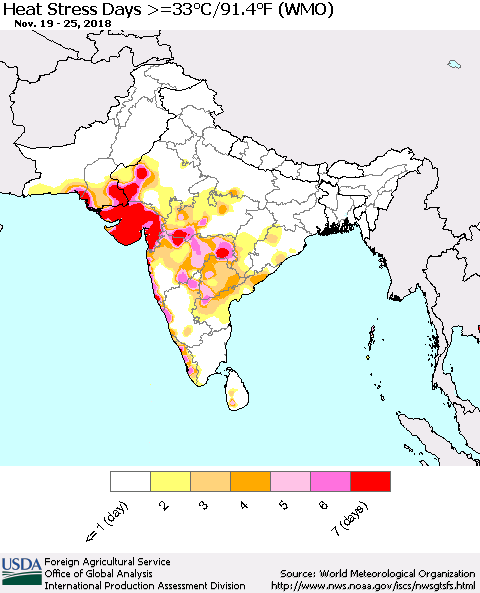 Southern Asia Heat Stress Days >=35°C/95°F (WMO) Thematic Map For 11/19/2018 - 11/25/2018