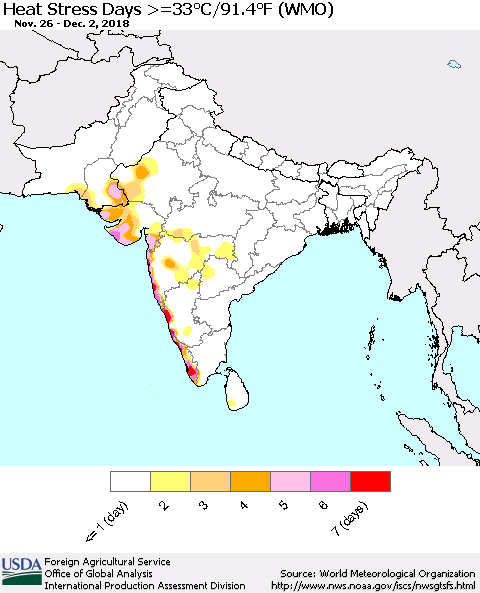 Southern Asia Heat Stress Days >=35°C/95°F (WMO) Thematic Map For 11/26/2018 - 12/2/2018