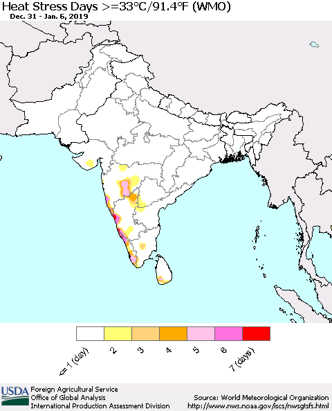 Southern Asia Heat Stress Days >=35°C/95°F (WMO) Thematic Map For 12/31/2018 - 1/6/2019