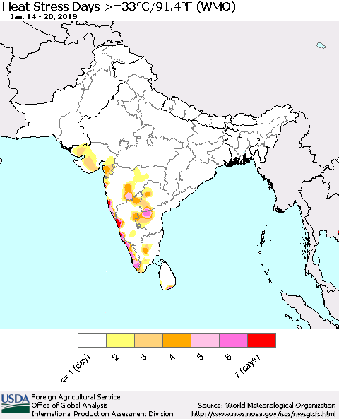 Southern Asia Heat Stress Days >=35°C/95°F (WMO) Thematic Map For 1/14/2019 - 1/20/2019