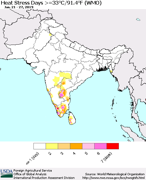 Southern Asia Heat Stress Days >=35°C/95°F (WMO) Thematic Map For 1/21/2019 - 1/27/2019