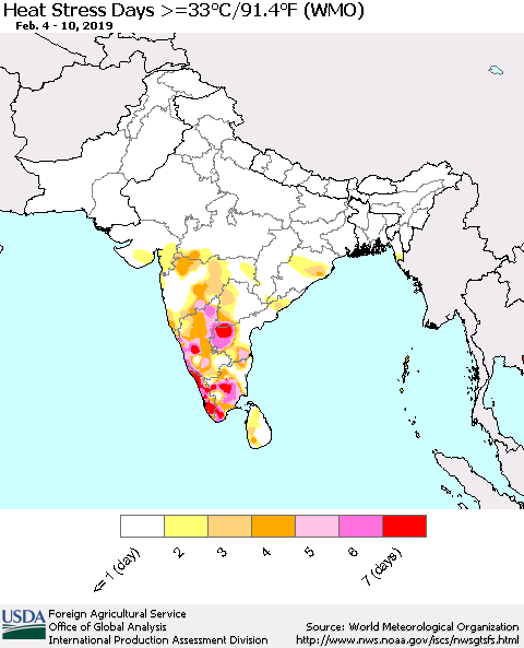 Southern Asia Heat Stress Days >=35°C/95°F (WMO) Thematic Map For 2/4/2019 - 2/10/2019