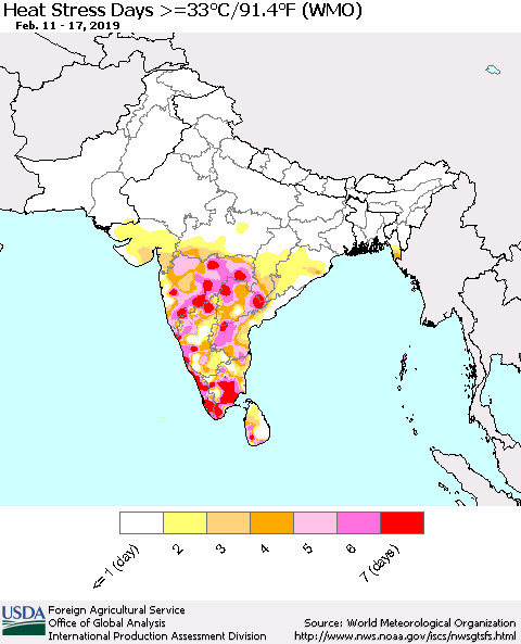 Southern Asia Heat Stress Days >=35°C/95°F (WMO) Thematic Map For 2/11/2019 - 2/17/2019
