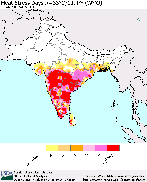 Southern Asia Heat Stress Days >=35°C/95°F (WMO) Thematic Map For 2/18/2019 - 2/24/2019
