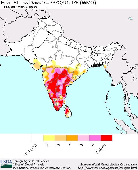 Southern Asia Heat Stress Days >=35°C/95°F (WMO) Thematic Map For 2/25/2019 - 3/3/2019