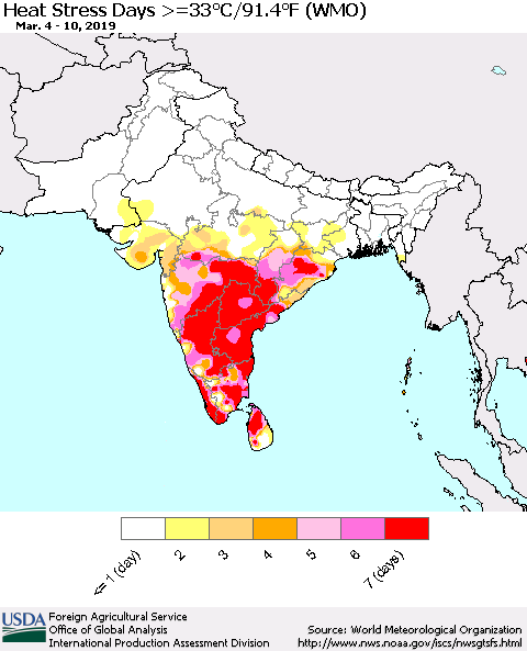 Southern Asia Heat Stress Days >=35°C/95°F (WMO) Thematic Map For 3/4/2019 - 3/10/2019