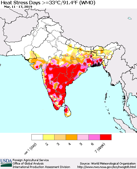 Southern Asia Heat Stress Days >=35°C/95°F (WMO) Thematic Map For 3/11/2019 - 3/17/2019