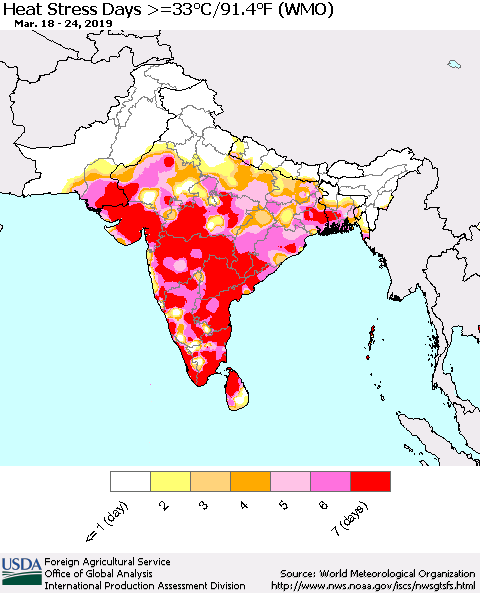 Southern Asia Heat Stress Days >=35°C/95°F (WMO) Thematic Map For 3/18/2019 - 3/24/2019