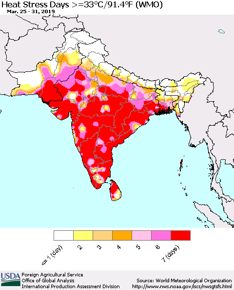 Southern Asia Heat Stress Days >=35°C/95°F (WMO) Thematic Map For 3/25/2019 - 3/31/2019