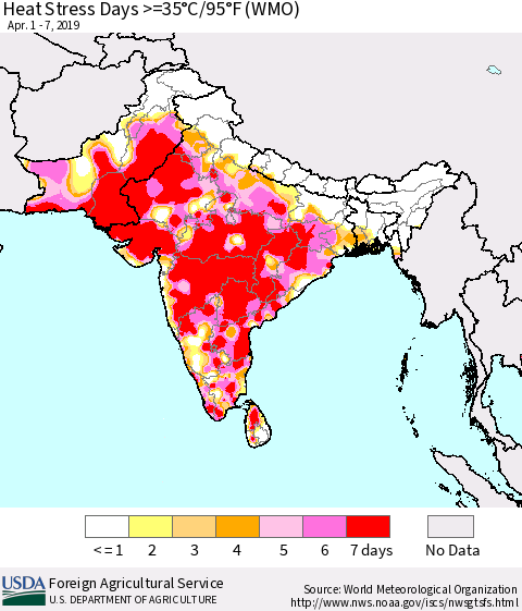 Southern Asia Heat Stress Days >=35°C/95°F (WMO) Thematic Map For 4/1/2019 - 4/7/2019