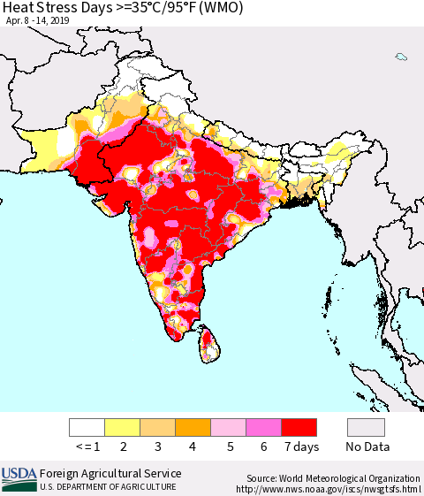 Southern Asia Heat Stress Days >=35°C/95°F (WMO) Thematic Map For 4/8/2019 - 4/14/2019