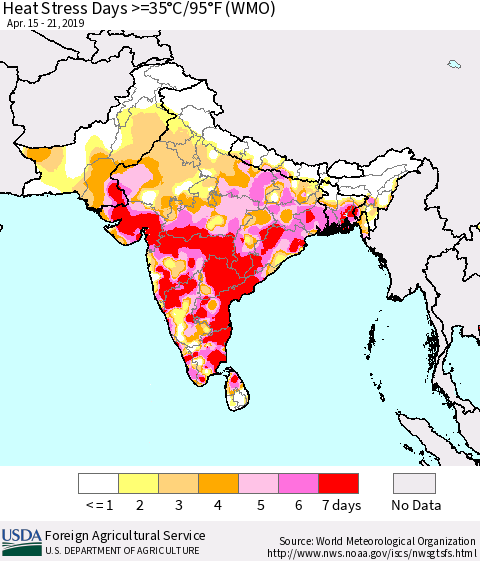 Southern Asia Heat Stress Days >=35°C/95°F (WMO) Thematic Map For 4/15/2019 - 4/21/2019