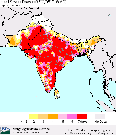 Southern Asia Heat Stress Days >=35°C/95°F (WMO) Thematic Map For 4/22/2019 - 4/28/2019