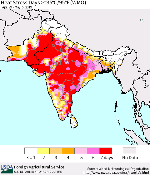 Southern Asia Heat Stress Days >=35°C/95°F (WMO) Thematic Map For 4/29/2019 - 5/5/2019