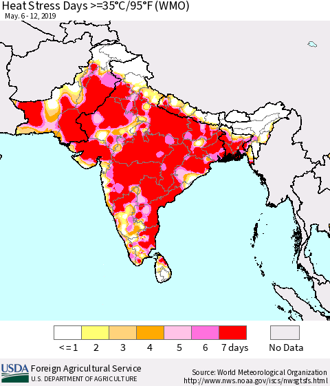 Southern Asia Heat Stress Days >=35°C/95°F (WMO) Thematic Map For 5/6/2019 - 5/12/2019