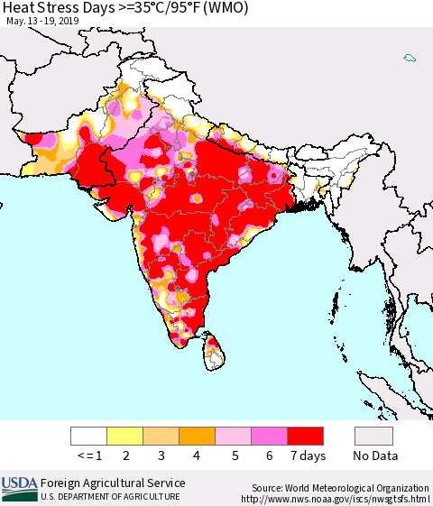 Southern Asia Heat Stress Days >=35°C/95°F (WMO) Thematic Map For 5/13/2019 - 5/19/2019