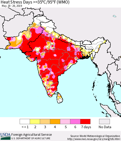 Southern Asia Heat Stress Days >=35°C/95°F (WMO) Thematic Map For 5/20/2019 - 5/26/2019