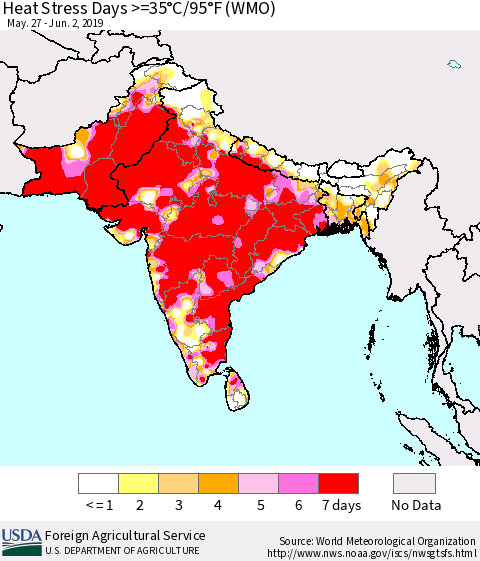 Southern Asia Heat Stress Days >=35°C/95°F (WMO) Thematic Map For 5/27/2019 - 6/2/2019