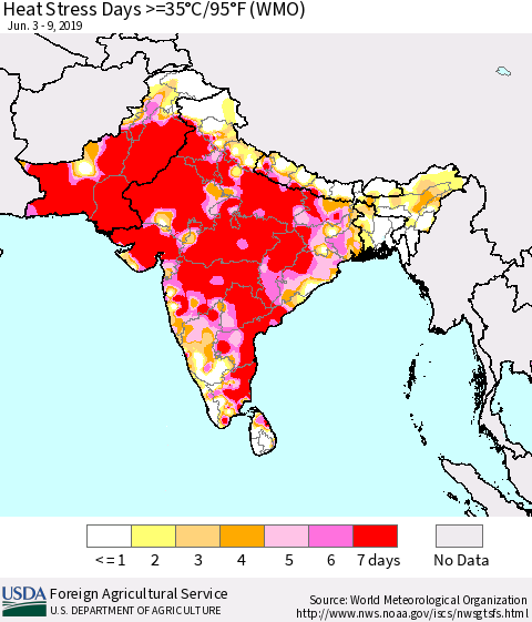 Southern Asia Heat Stress Days >=35°C/95°F (WMO) Thematic Map For 6/3/2019 - 6/9/2019