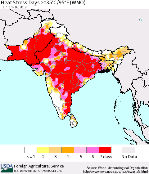 Southern Asia Heat Stress Days >=35°C/95°F (WMO) Thematic Map For 6/10/2019 - 6/16/2019